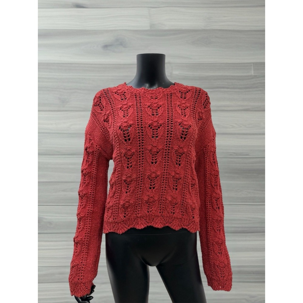 NAF NAF‎ Paris Open Knit Sweater Red Acrylic Blend Scallop Hem Women's M